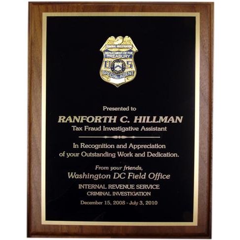 IRS-CI American Walnut Award Plaque