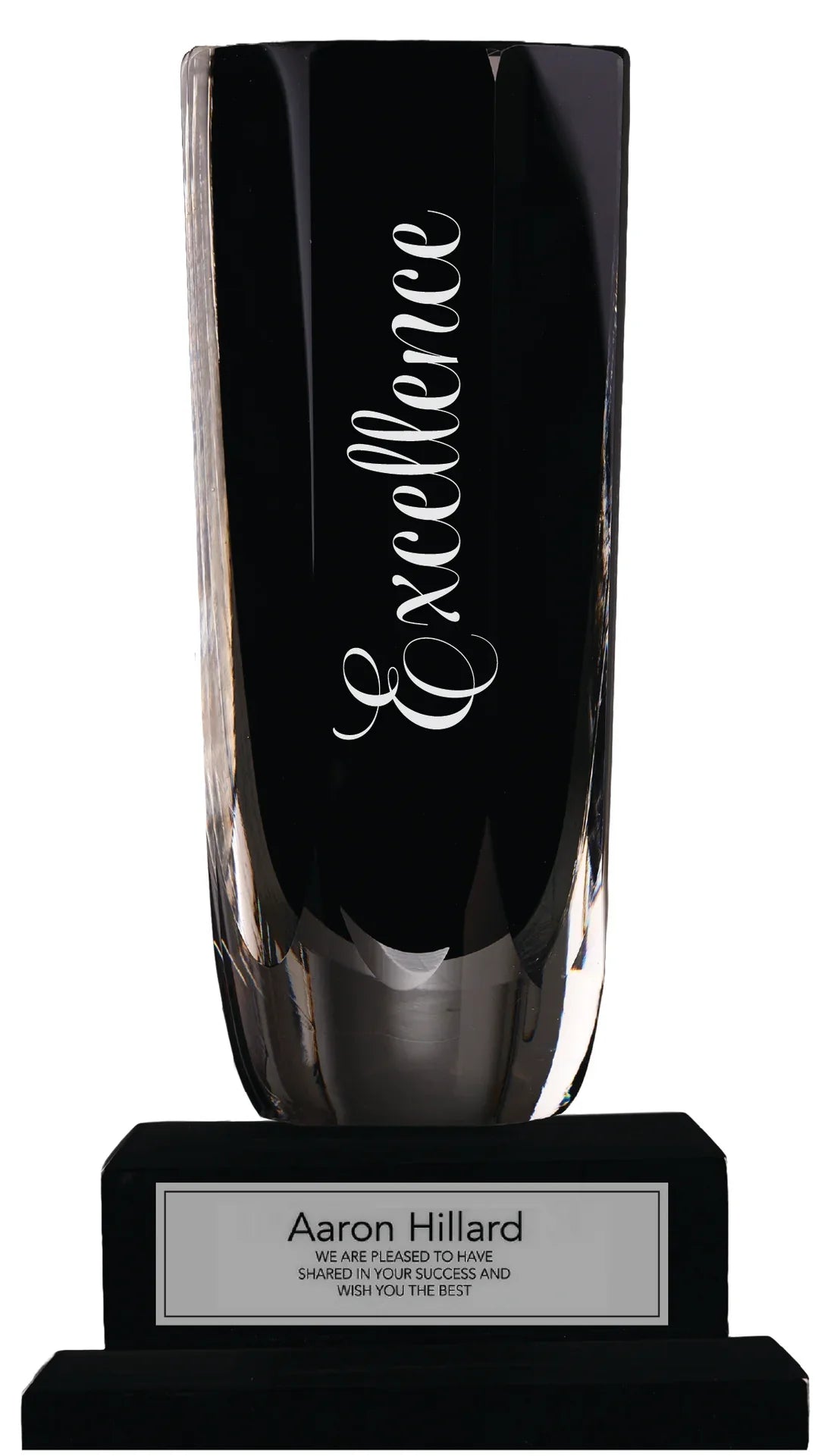 9-1/2 in. Art Glass Heavy Black Glass Vase on Black Piano Finish Step Base