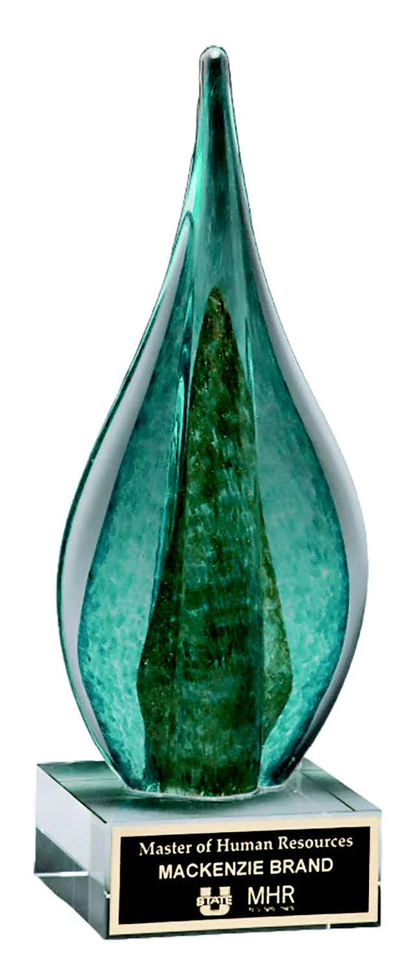 11-1/2 in. Art Glass Teal and Green with Blue Metallic Accent on Clear Glass Base