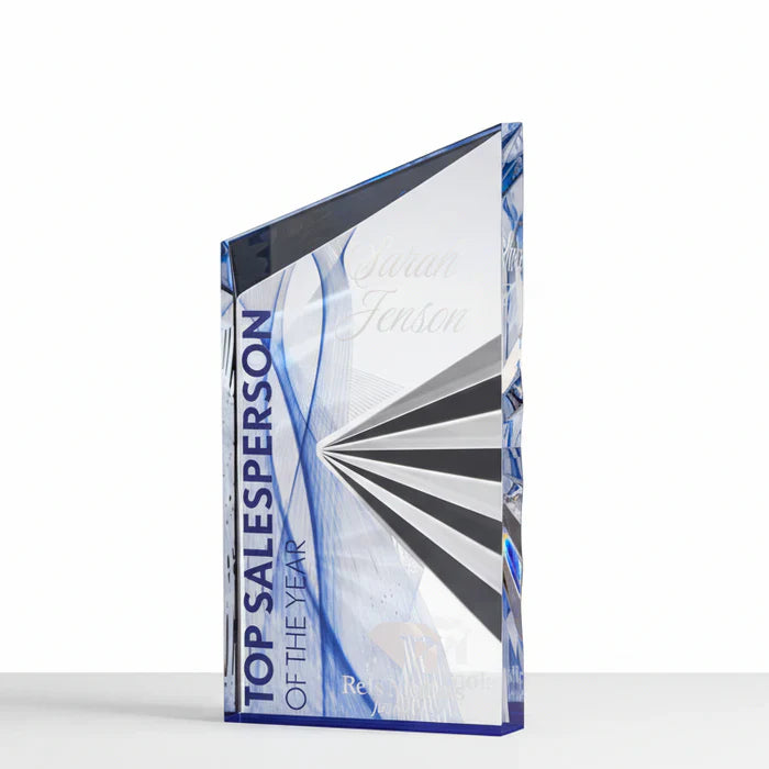 Clear Acrylic Fan Peak with Blue Mirror Bottom reflects upward