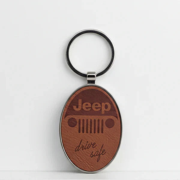 3" x 1 3/4" Laserable Leatherette/Metal Oval Keychain