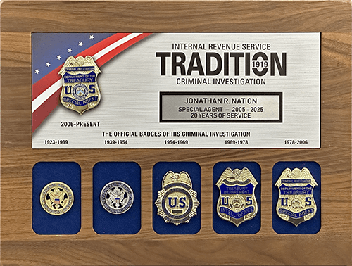 IRS-CI 6 Badge "Tradition" Walnut Plaque