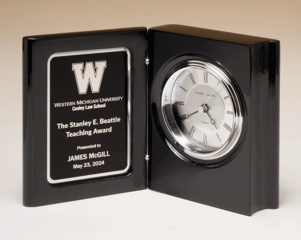 Black Piano Finish Book Clock, black and silver plate