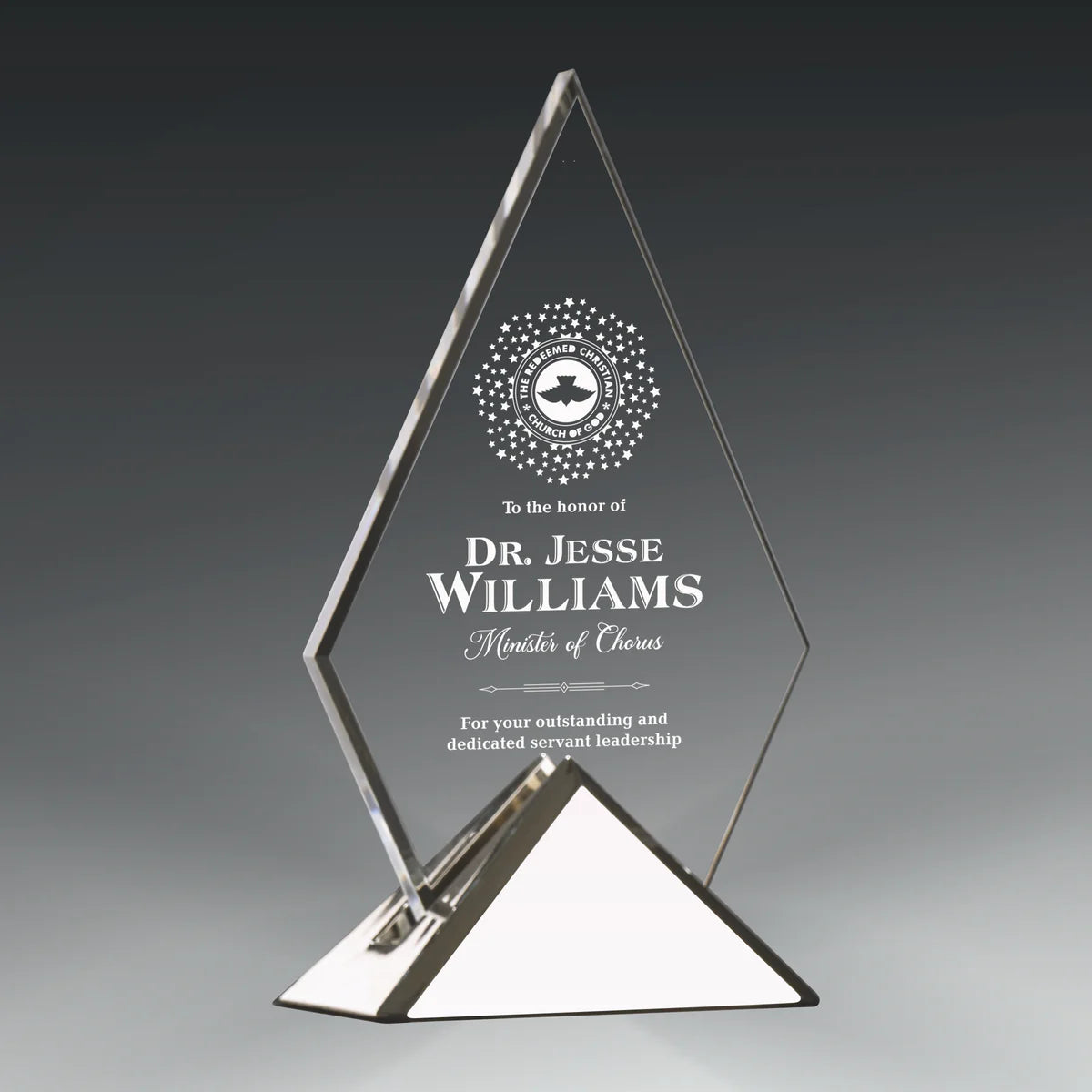 Acrylic Pyramid Mounted on Triangle Metal Base (Choose Finish)