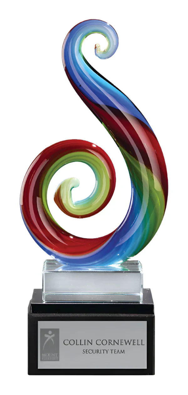 7 in.  Art Glass Multi Color Curley Que on Optional Black Glass Base  