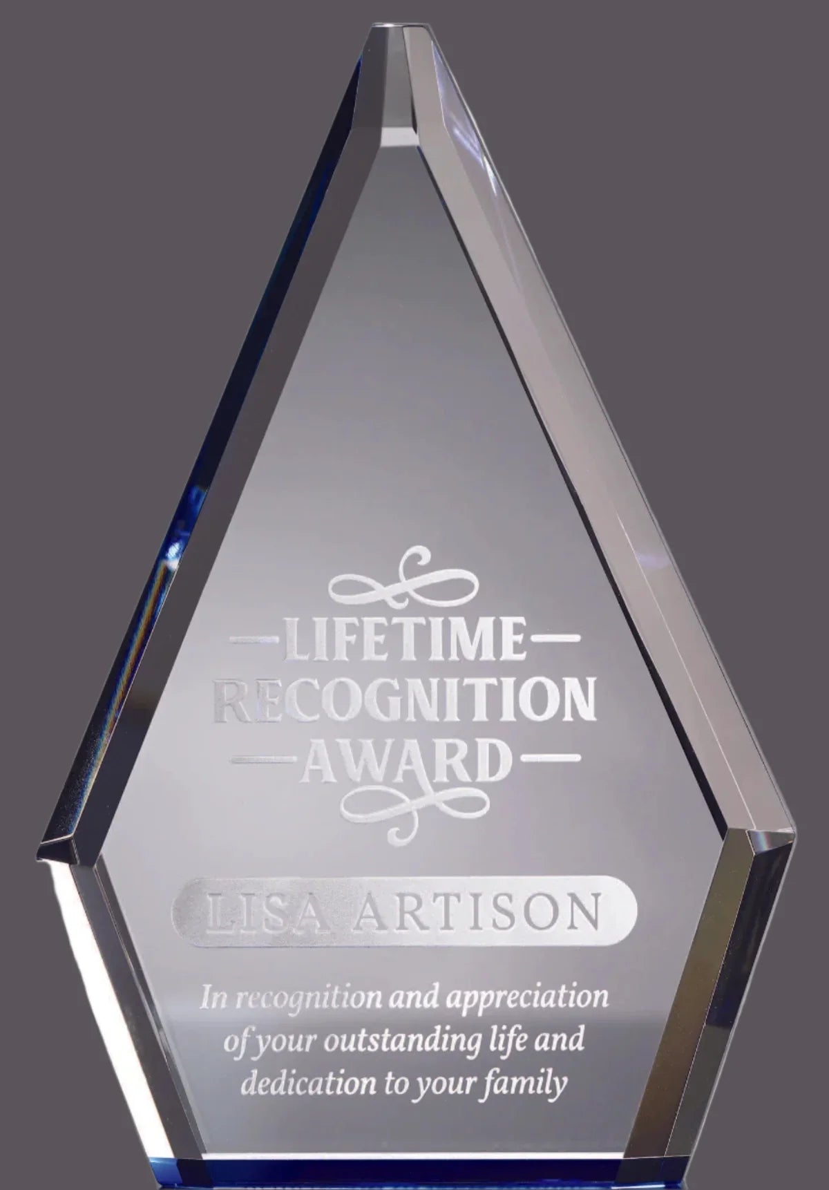 9" Clear Crystal Award with Blue Accented Bottom