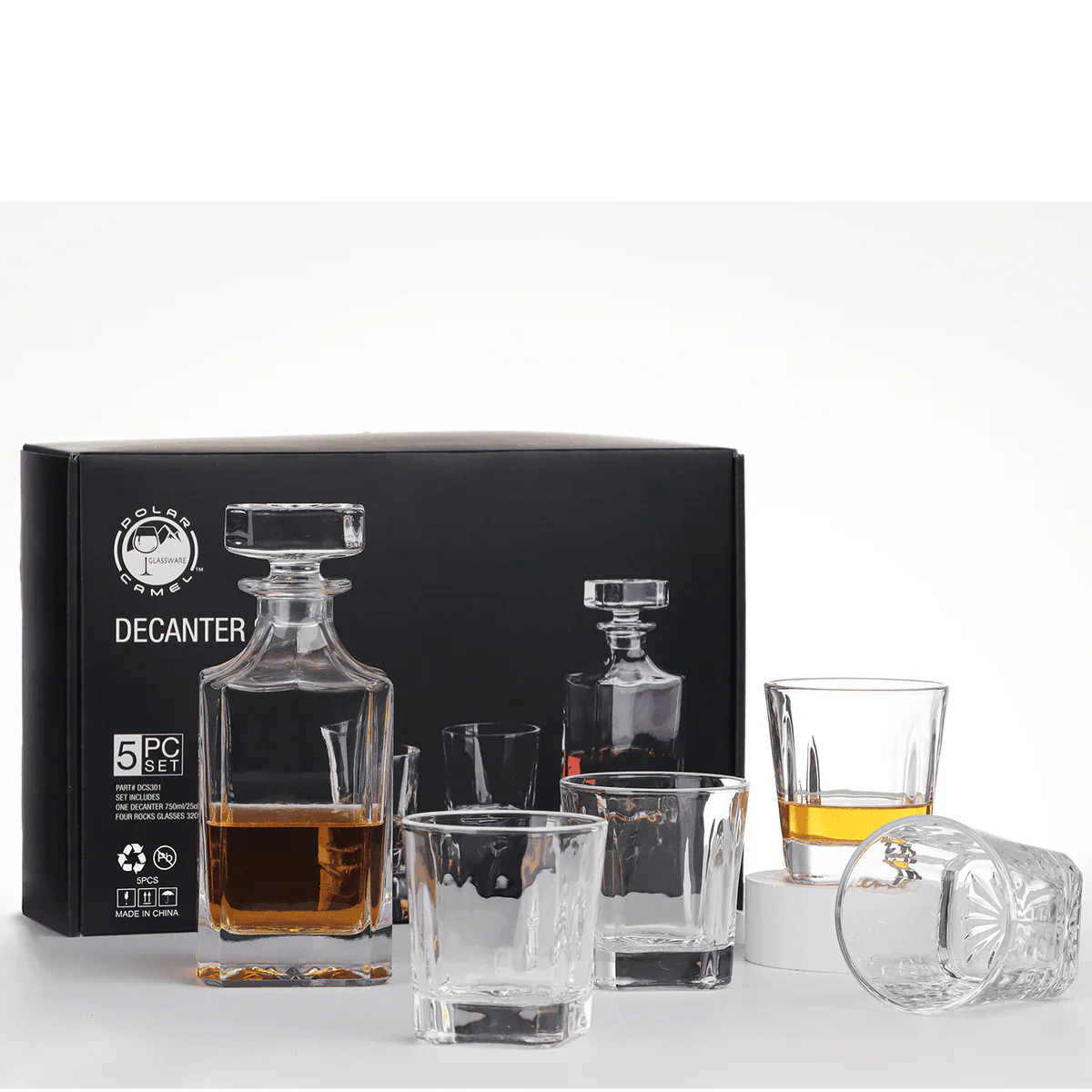 Square Glass Decanter Set with (4) Double Old Fashion 11 oz Glasses in a Black Gift Box 