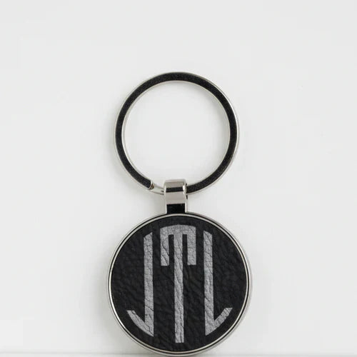1 1/2" Laserable Leatherette/Metal Black/Silver Round Keychain