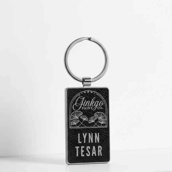2-3/4" x 1-1/4" Laserable Leatherette/Metal Black/Silver Rectangle Keychain